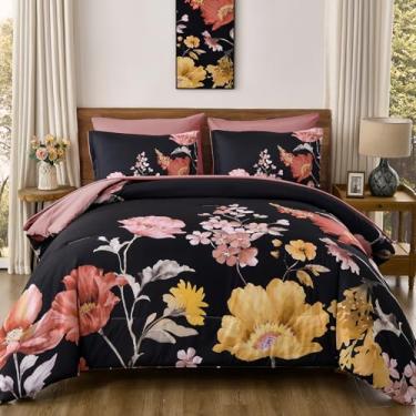 Imagem de DJY Conjunto de edredom Queen floral, 7 peças, preto e blush em uma bolsa com estampa de folhas de flores, conjunto de cama e edredom botânico de microfibra macia, conjunto de cama para todas as