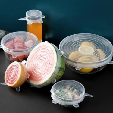 Imagem de Pacote com 6 tampas elásticas de silicone para tigelas e recipientes, capas reutilizáveis de armazenamento de alimentos, vedação flexível e hermética, livre de BPA