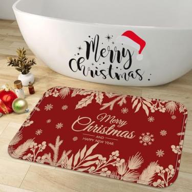 Imagem de Zussun Merry Christmas, tapete de banheiro, vermelho, bege, floco de neve, galhos de Natal, folhas, tapete de banho 81 x 40 cm, absorvente de água, antiderrapante, lavável, tapete de banho de espuma