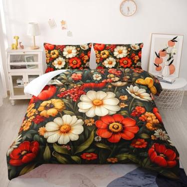 Imagem de Jogo de cama Queen de 3 peças, floral colorido, microfibra ultra macia, conjunto de cama com 3 peças, estampa de flores botânicas coloridas fofas, edredom e 2 fronhas