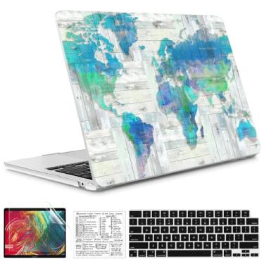 Imagem de QCzyc Compatível com MacBook Air 13,5 polegadas versão 2022-2025 A2681 M2 A3113 M3 A3240 M4 capa de plástico rígido com adesivo de teclado Mac OS e capa de teclado (mapa de madeira)