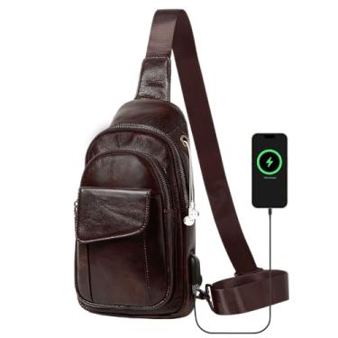 Imagem de Bolsa tiracolo de couro genuíno vintage com porta de carregamento USB com chaveiro, alça ajustável, mochila de couro bovino, Marrom café vintage, Large
