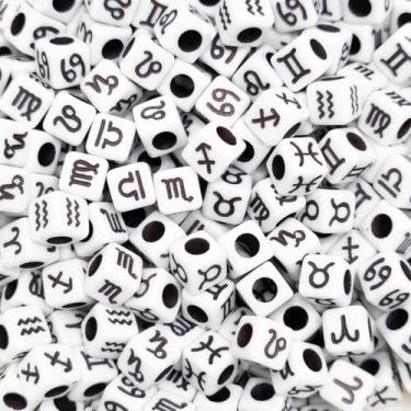 Imagem de Miçanga Passante Dado Signos Plástico Branco Letra Preta 6mm 200pçs 40