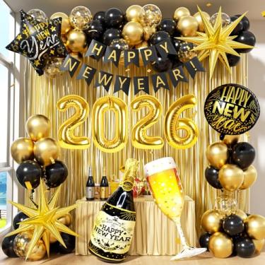 Imagem de Decorações de feliz ano novo 2025 com balões de confete de ouro preto 2025 balões com números de balões de ano novo banner de franja dourada pano de fundo balão de champanhe para artigos de festa de
