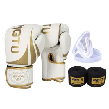 Imagem de Luvas de boxe, Muay Thai, Kickboxing, adequadas para iniciantes, unissex (Branco e dourado, 14OZ)