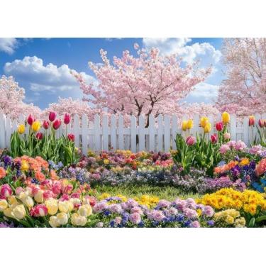 Imagem de DePhoto Pano de fundo de jardim floral secreto de 2,8 x 1,8 m de tulipa flor de pêssego para decoração de festa de aniversário na primavera, Páscoa, aniversário, vinil