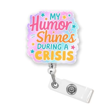 Imagem de Carretel de crachá My Humor Shines During A Crisis 4 cm Engraçado Escritório Ansiedade Saúde Mental Sarcástica Enfermeira CNA Enfermeira de Enfermagem Flebotomia Porta-crachá retrátil com clipe jacaré