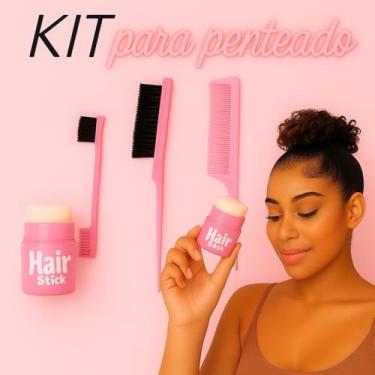 Imagem de Hair Stick Kit Profissional para Penteados, Conjunto com Escova e Pente em Rosa, Acessórios para Modelagem de Cabelo, 3 Peças