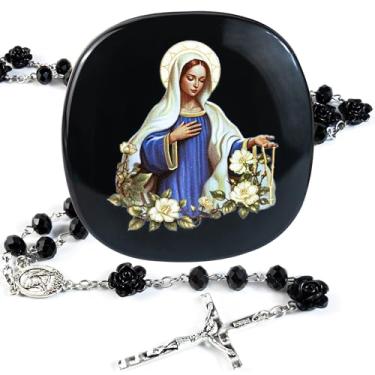 Imagem de PLONKLY Colar de terço para mulheres - Contas de cristal católico com medalha da Virgem Maria e caixa de presente de acrílico, 21 Inches long, Zinco, Sem Pedra Preciosa