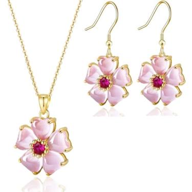 Imagem de VONSSY Elegante colar de flor de cerejeira brincos rosa olho de gato flor flora Sakura pingente de cristal de pedra preciosa banhado a ouro 18k conjunto de joias presente para mulher esposa namorada