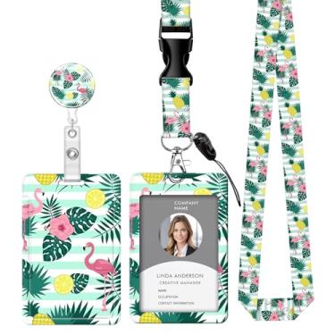 Imagem de Cordão retrátil para crachá de identificação com clipe e chaveiro, ajustável, bonito carretel durável, perfeito para mulheres enfermeiras, professoras, trabalhadoras de escritório (flor tropical