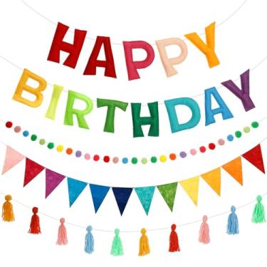 Imagem de Faixa de feliz aniversário pré-amarrada, decorações coloridas de aniversário para mulheres, homens, meninos, meninas, conjunto de guirlandas de tecido de feltro para sala de estar e quarto
