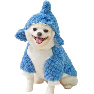 Imagem de JAAQUCD Fantasia de tubarão com capuz engraçado para cães pequenos, moletom com anel D para chihuahua de inverno, casaco para clima frio, lindo traje de gato de Halloween (tubarão azul, GG)