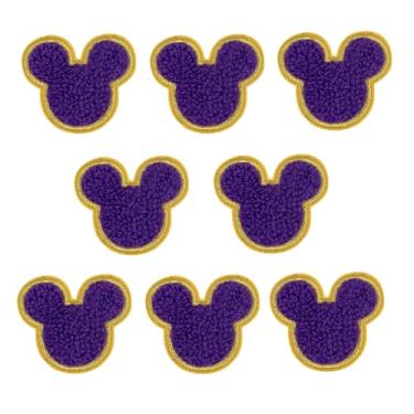 Imagem de 8 peças de adesivos de chenille de cabeça de mouse de 5 cm, adesivos autoadesivos para roupas, chapéus, bolsas, chenille macio com borda amarela para amantes de animais de estimação e times (Roxo)