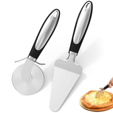 Imagem de Conjunto de cortador de pizza e servidor de queijo de aço inoxidável, cortador de pizza multiuso de 2 peças com lâmina afiada e cabo ergonômico, durável, seguro para lava-louças, fácil de cortar e