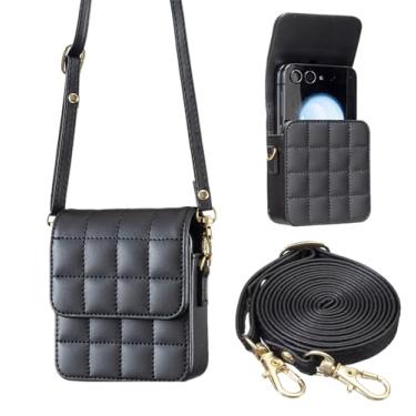 Imagem de KONXISA Capa para Galaxy Z Flip7 / Z Flip 7 FE, capa de celular com material de couro sintético premium, bolsa flip com alça de ombro longa, capa protetora resistente a poeira, preta