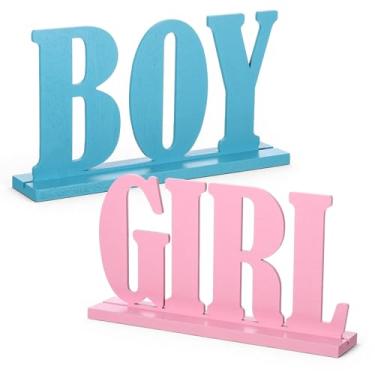 Imagem de Decorações de mesa de madeira para meninos e meninas, azul/rosa, mesas reveladoras de gênero, placas centrais para ele/ela, placas de mesa de letras com bases, decoração decorativa de mesa de madeira