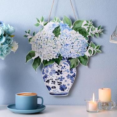 Imagem de AceOrbit Chinoiserie Hortênsia Flor Decoração de Parede 13,8 Polegadas Vaso de Hortênsia Azul e Branco Floral Sinal Pendurado de Madeira Grande Millennial Francês Decoração para Porta da Frente Casa