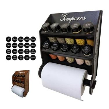 Imagem de Suporte para Temperos e Papel Toalha em MDF, 10 Potes de 100g com Tampa, 35,3 x 27,7 x 11,8 cm, Preto