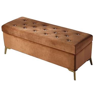 Imagem de Banqueta de armazenamento estofada de veludo 59,9 cm L x 42 cm P x 45 cm A, pernas revestidas com pó dourado, 150 kg, conjunto de 1 peça (cor: cáqui)