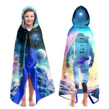 Imagem de Toalhas de praia grandes com capuz com estampa de astronauta para crianças de 7 a 10 anos, toalhas de banho com capuz para crianças adolescentes 89 cm x 152 cm de secagem rápida azul verde toalha