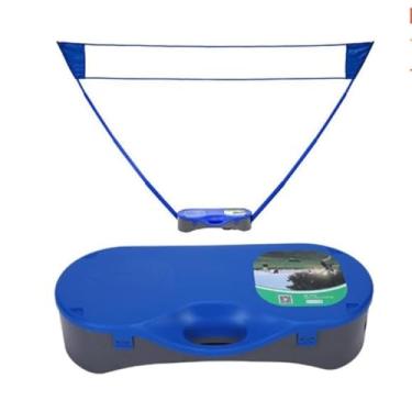 Imagem de 3FLQOOPP Conjunto de rede de badminton portátil dobrável com suporte de raquete, vôlei ao ar livre, bastões telescópicos de tênis, base independente e caixa de transporte (verde) (azul)