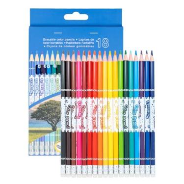 Imagem de Ouksma Conjunto de 18 lápis de cor apagáveis, lápis de cor com borrachas, materiais de arte escolar para desenhar, colorir, esboçar, projetos de arte (18 cores)