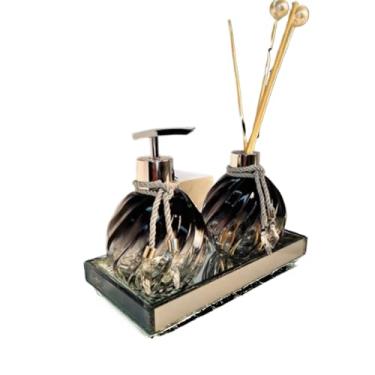 Imagem de Kit Lavabo Decorativo Completo Vidro 300ml | Saboneteira + Difusor + Bandeja - Decoração Elegante para Lavabo e Banheiro(Sem Bandeja,Preto Degrade C/Prata)