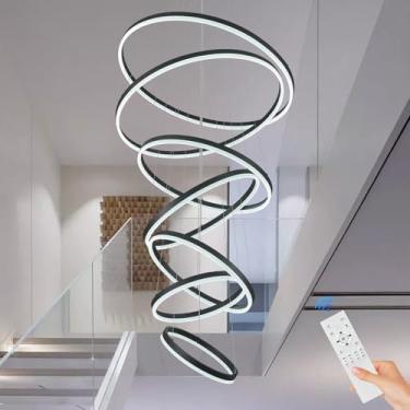 Imagem de Sparklelf Lustre de LED moderno de 7 anéis D31,5 polegadas preto regulável lustres de teto alto com controle remoto para escada, entrada, sala de jantar, sala de estar, 3000K-6500K