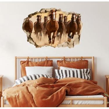 Imagem de YIMEHDAN Decalque de parede grande de cavalo 3D, cavalos correndo quebrando a parede, adesivos de parede de vinil, arte de animais selvagens removíveis para decoração de escritório, casa de fazenda