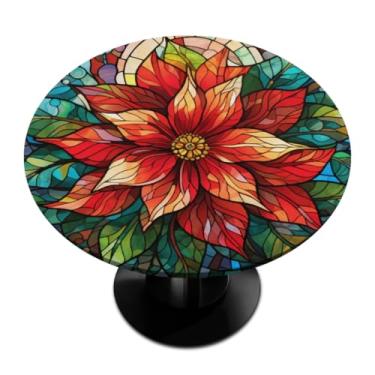 Imagem de Toalha de mesa redonda com borda elástica de vidro, poinsétia de Natal, toalha de mesa redonda para decoração de festivais de 114 a 127 cm
