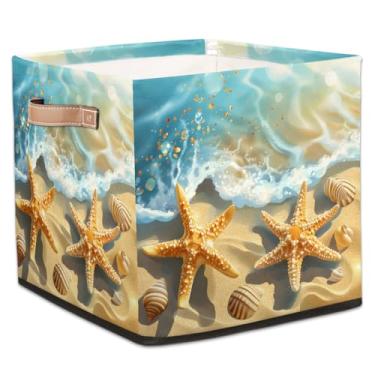 Imagem de hongjinglin Cestas dobráveis de armazenamento em cubos, estrela-do-mar, praia, mar, caixotes dobráveis para crianças, brinquedo com alças, organizador de tecido, cesto organizador para berçário, sala