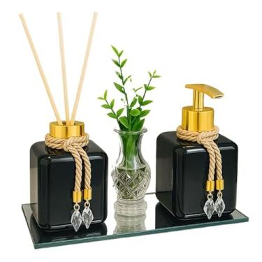 Imagem de Kit Lavabo Pet Vasinho Com Flor Bandeja Aromatizador e Saboneteira Luxo - Decoração Banheiro Moderno(Preto/Ouro)