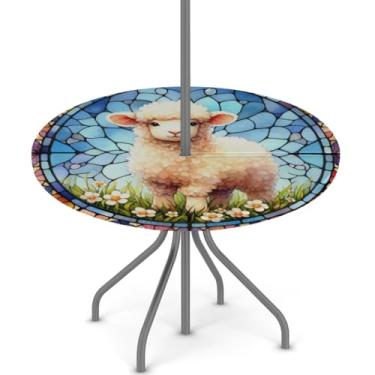 Imagem de hongjinglin Toalha de mesa de Páscoa para uso ao ar livre com orifício para guarda-chuva, toalha de mesa redonda elástica com zíper, impermeável, limpável, para piquenique, festa, pátio, serve para