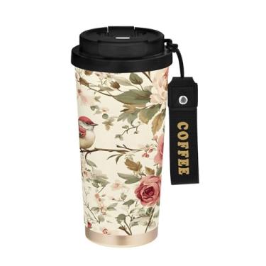 Imagem de SEHANY Caneca de café de viagem Flores e pássaros de 482 g com tampa revestida de cerâmica e à prova de vazamento, parede dupla, copo de aço inoxidável isolado a vácuo para bebidas quentes e frias