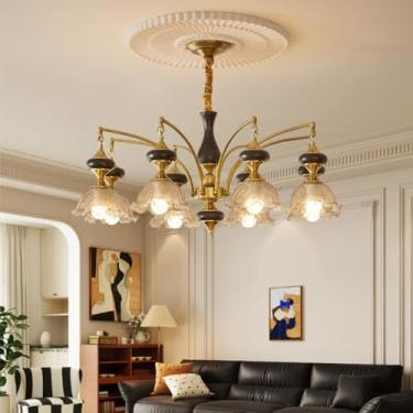 Imagem de Luminária pendente para sala de estar em estilo medieval francês, luminária de hall de entrada em madeira maciça e vidro em estilo retrô americano, luminária pendente sofisticada para sala d