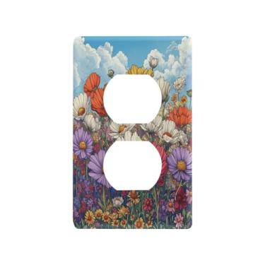 Imagem de Blueangle Placa de parede de tomada dupla de flores silvestres coloridas, tamanho padrão, placas de cobertura de tomada elétrica de 1 gangue para decoração de quarto de escritório em casa, 4,53 x 2,76