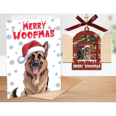 Imagem de CoCray66 Merry Woofmas Conjunto de enfeite de janela de madeira e cartão, enfeite de Natal de madeira para cães pastor alemão, enfeite de madeira de 3 camadas, presente para amantes de animais de