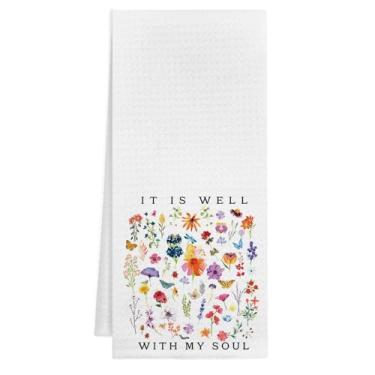 Imagem de Likjad Toalhas de cozinha cristãs florais, presentes cristãos para mulheres, It is Well with My Soul Religious Bible Versículo Decorativo Toalha de Chá para Banheiro Cozinha, 40 x 61 cm
