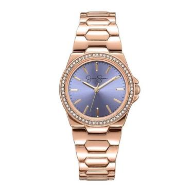 Imagem de Jessica Simpson Relógios femininos com diamantes de cristal, mostrador de 36 mm, relógio de pulso analógico de quartzo para mulheres – presentes exclusivos para ela (dourado) (Gun), Ouro rosa, roxo