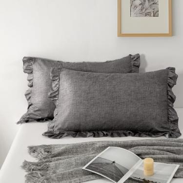 Imagem de Conjunto de 2 fronhas King Size com babados cinza, 50 x 91 cm, fronhas de microfibra de cor sólida, macias, respiráveis e não encolhíveis