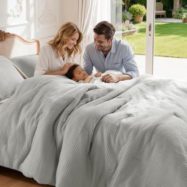 Imagem de Shilucheng Conjunto de edredom queen de algodão waffle – Conjunto de cama de 3 peças com edredom e 2 fronhas, edredom macio e respirável para todas as estações, lavável na máquina, cinza