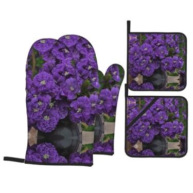 Imagem de Buquê de lavanda - Conjunto de luvas de cozinha estampadas com suportes de tampa, luvas de forno resistentes ao calor para manusear panelas quentes, grelhar, churrascos, kit de 4 peças.