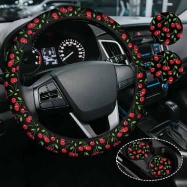 Imagem de Capa de volante fofa cereja para mulheres e homens, antiderrapante de neoprene de alta elasticidade, acessórios de carro, capas de volante, universal de 38 cm para carros, SUVS, inclui 2 porta-copos