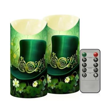Imagem de Wassud Pacote com 2 velas de chapéu verde e flores sem chama com controle remoto, velas realistas cintilantes com temporizador, velas decorativas para Natal, casamento, festa, decoração de casa média