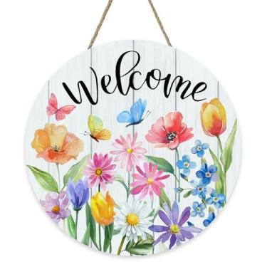 Imagem de Bolisom Placa de boas-vindas para porta da frente floral primavera verão, flor aquarela, borboleta, placa de madeira, para uso externo, varanda, decoração de casa, guirlanda de madeira para casa de