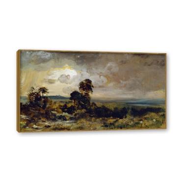 Imagem de Moldura de teca. Mural com moldura de madeira maciça John Constable Pintura de paisagem Arte de romance Imagem emoldurada pronta Arte de parede elegante. (Pôr do sol tempestuoso 5). 60 x 108 cm