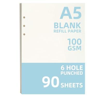 Imagem de 90 folhas A5 6 anéis, refil de papel em branco para agenda, organizador, fichários, cadernos, 100 gsm, 14 x 21 cm, branco