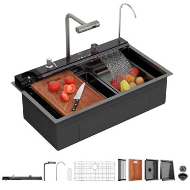 Imagem de Lordear Pia de cozinha preta 33 com torneira em cascata, pia de cozinha inteligente de 83 x 48 cm, aço inoxidável, calibre 16, tigela única, pia de cozinha