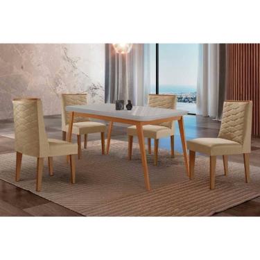 Imagem de Sala Jantar Mesa Havana Tampo c/ Vidro Curvo 120cm+4 Cadeiras Dafne Madeira Naturale/Off White - Capuccino/Linho Bege - Rufato